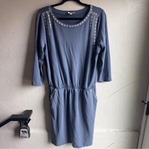 Garnet Hill Blue‎ 3/4 Sleeve Midi Sweatshirt Dress with Western Embroidery Sz L
